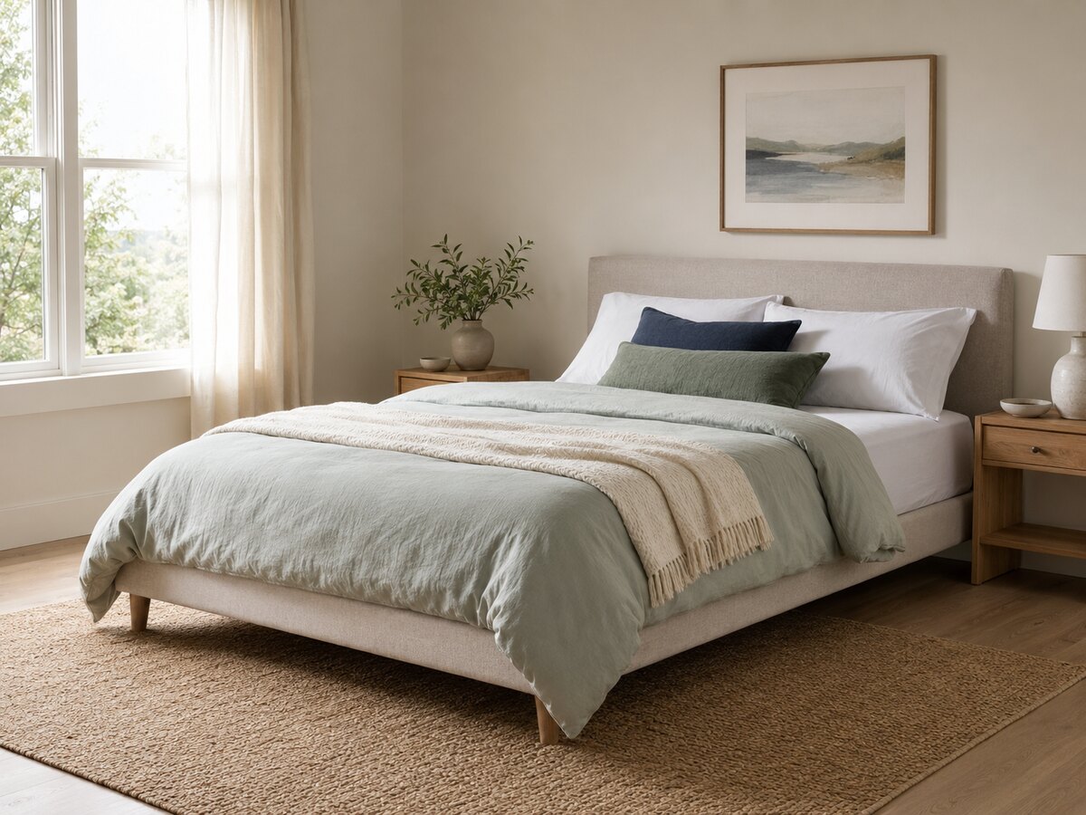 Made bed with layered bedding in a sunlit bedroom, showing the scale of a standard mattress in a room.